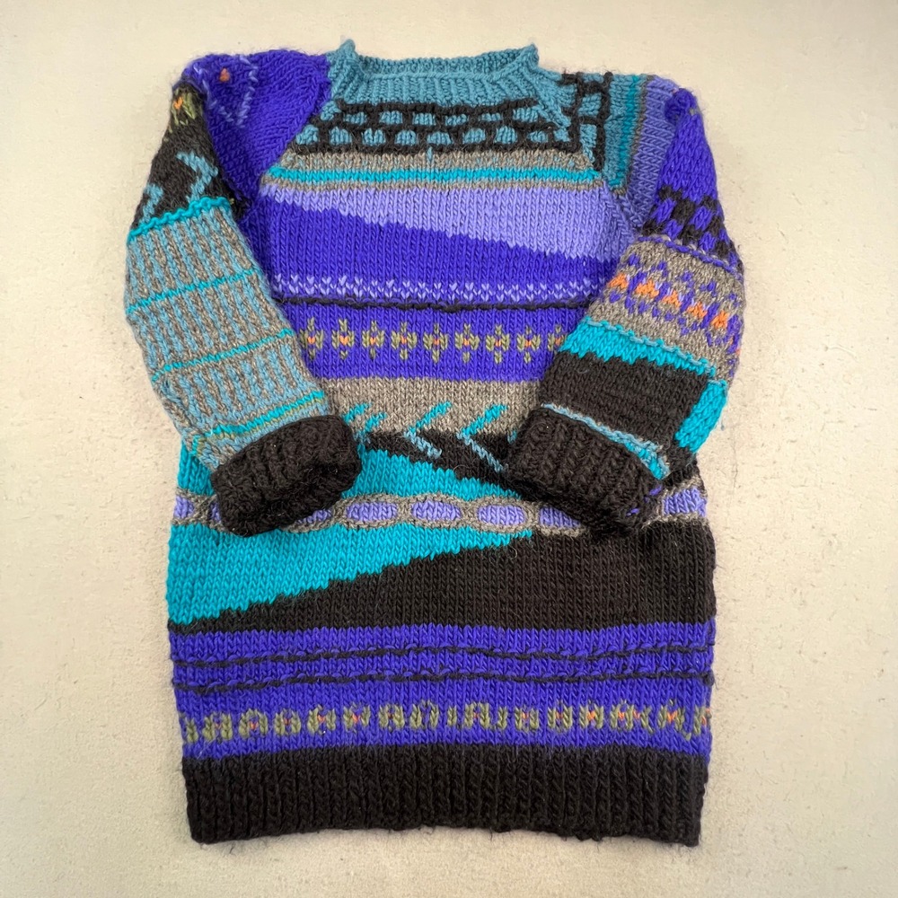 Hand Knit Sweater Dress Womens M Purple Turquoise Abstract Fair Isle Boho 3D VTG
